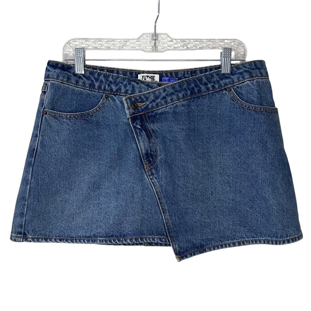 NWT Future Collective Asymmetrical Mini Jean Skirt Size 12 Recycled Cotton Blend